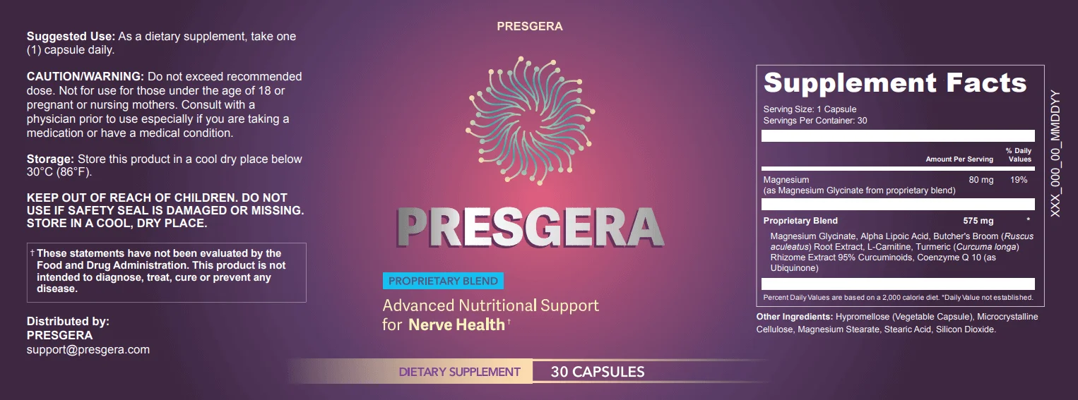 Presgera supplement facts label